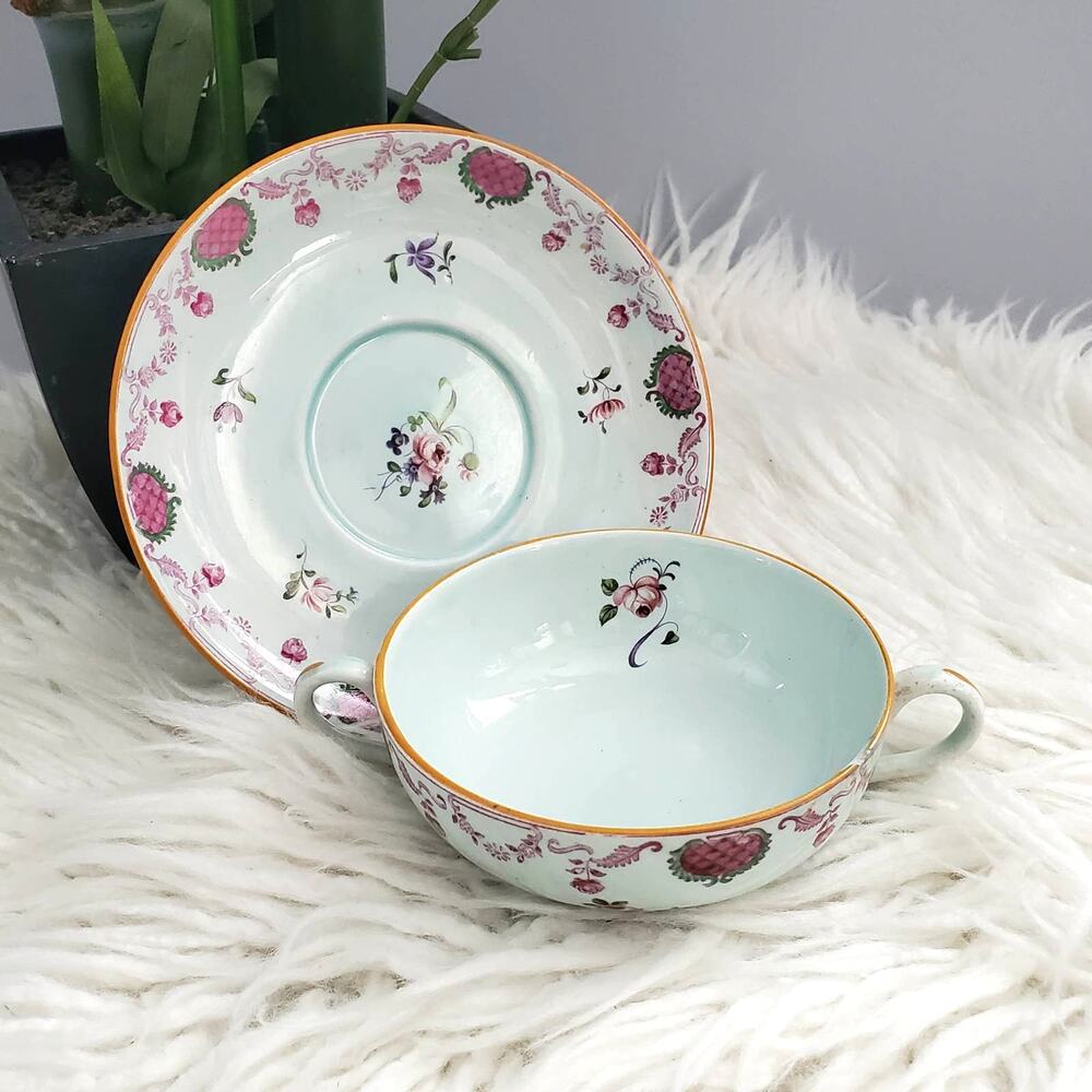 Vintage Adams Calyx Floral Print Flat Cream Soup Bowl & Saucer Set